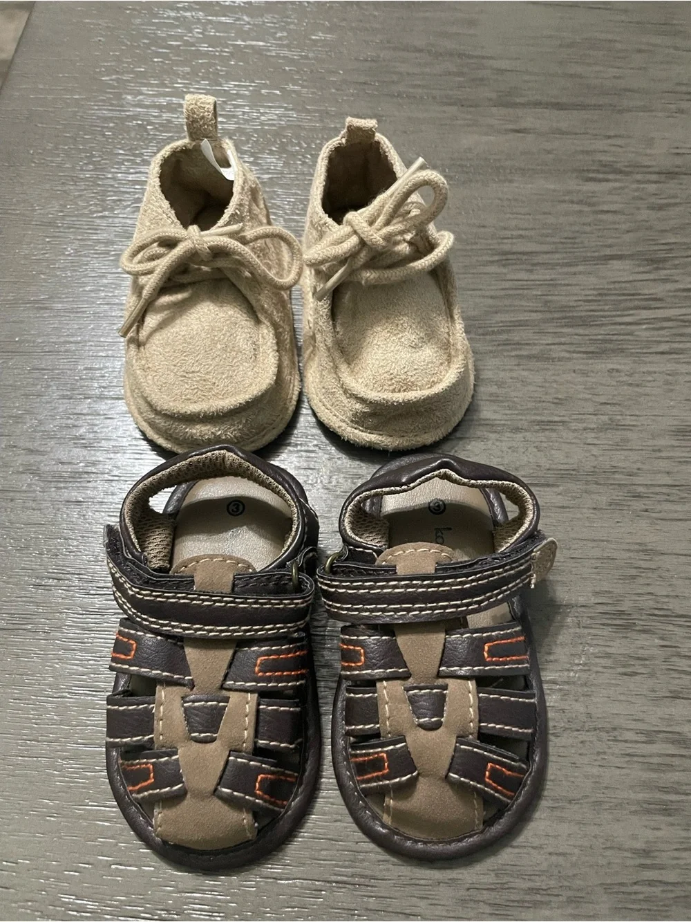 Set of Koala Kids Beige Suede Moccasins size 2 & Brown Sandals size 3